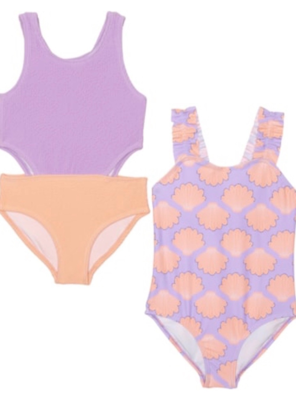 Girls' size 7 Lilac & Peach Shell Print one piece Swimsuit Set. Textured. NWOT